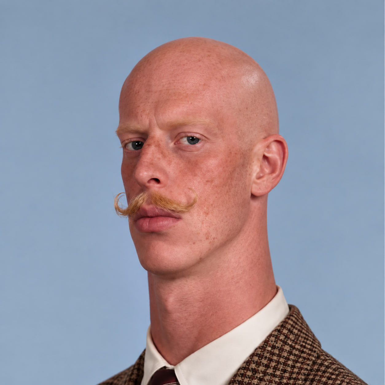 Bald Jean with a smooth head, ginger curled moustache, tweed jacket and an unflinching gaze against blue
